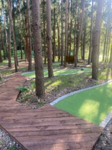 Mediniai minigolf tarputakiai patogiam judėjimui tarp takų